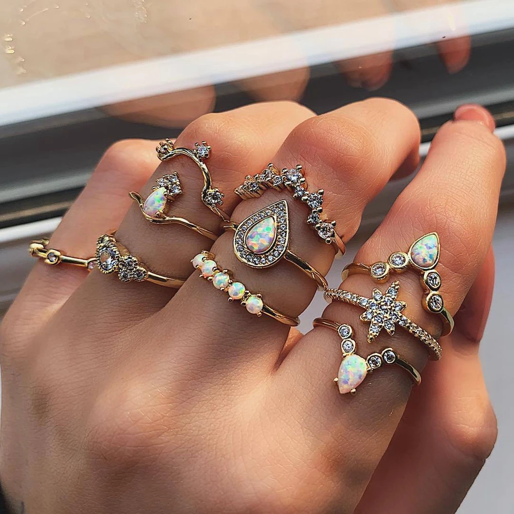 

10Pc/Set Bohemian Women Charm Crown Star Water Drop Round Crystal Gem Irregular Opal Ring Set Bijouterie Jewelry Accessories
