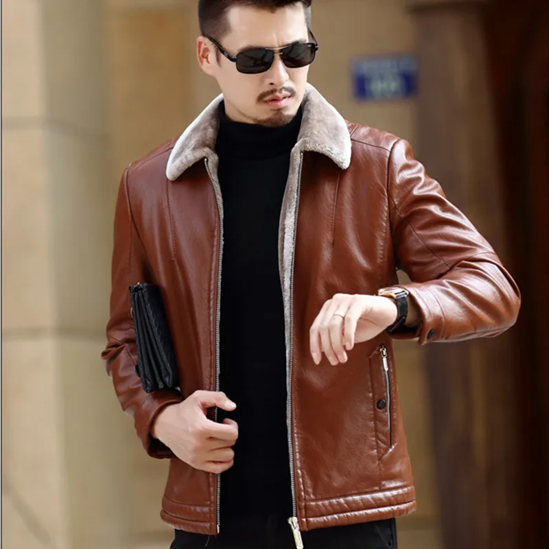 Men's Leather Jackets Men High Quality Winter Fleece PU Coats Classic Motorcycle Bike Jacket Male Warm Wide-Collared Outerwear