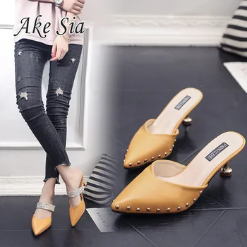 

Women Summer Mules Slippers High Heels Ladies Rivets Pointed Toe Strange Style Outside Shoes For Girls Drop Shipping