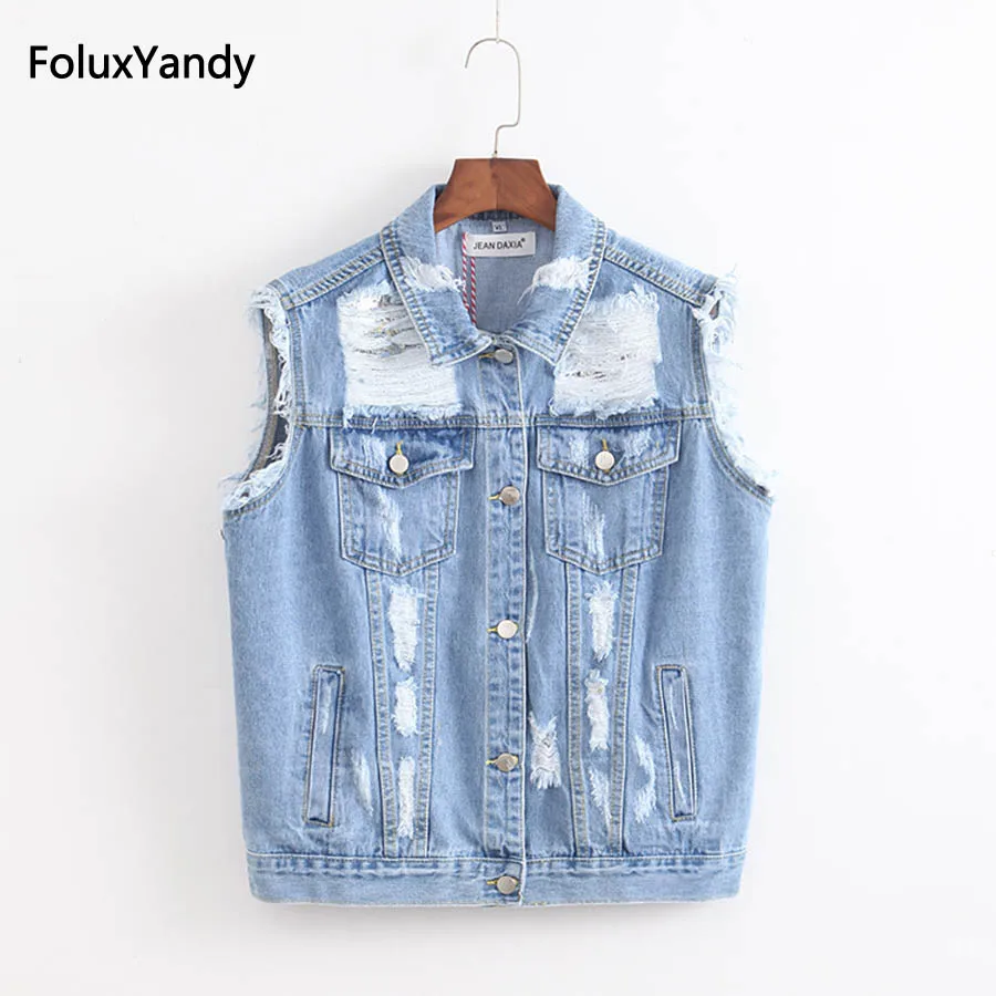 Buy Hole Denim Vests Women Plus Size Casual Turn down Collar Ripped Sleeveless