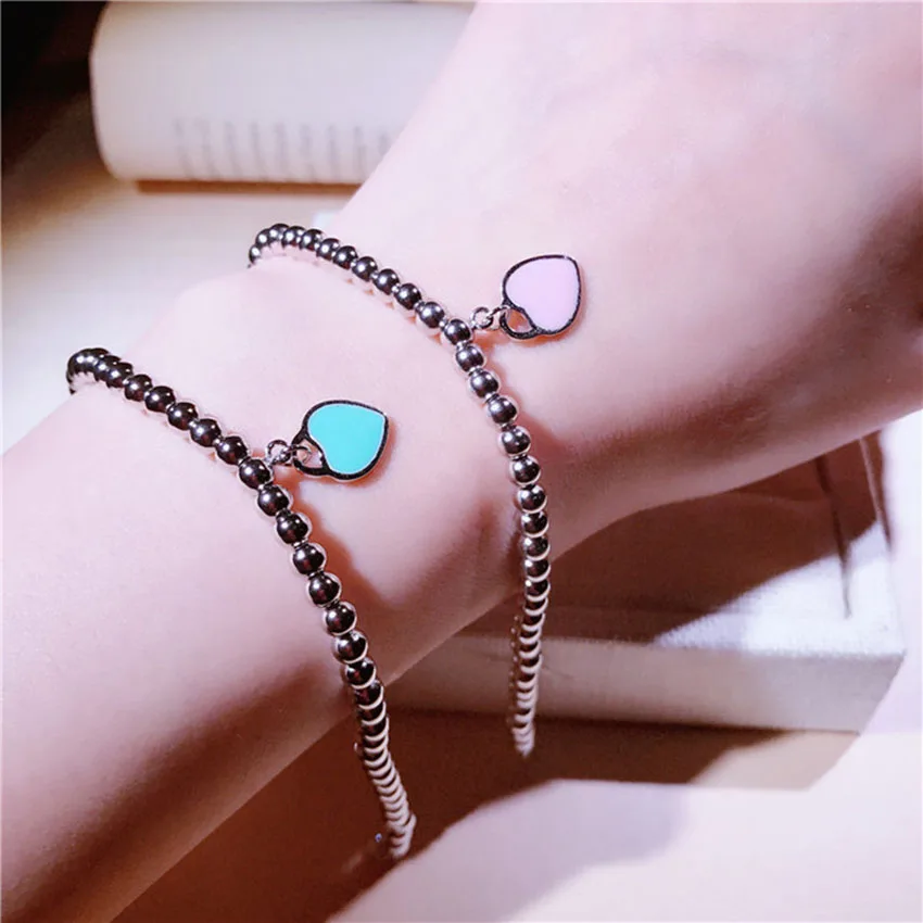 

S925 sterling silver love enamel double-sided peach heart beaded bracelet Beaded bracelet star same paragraph jewelry female