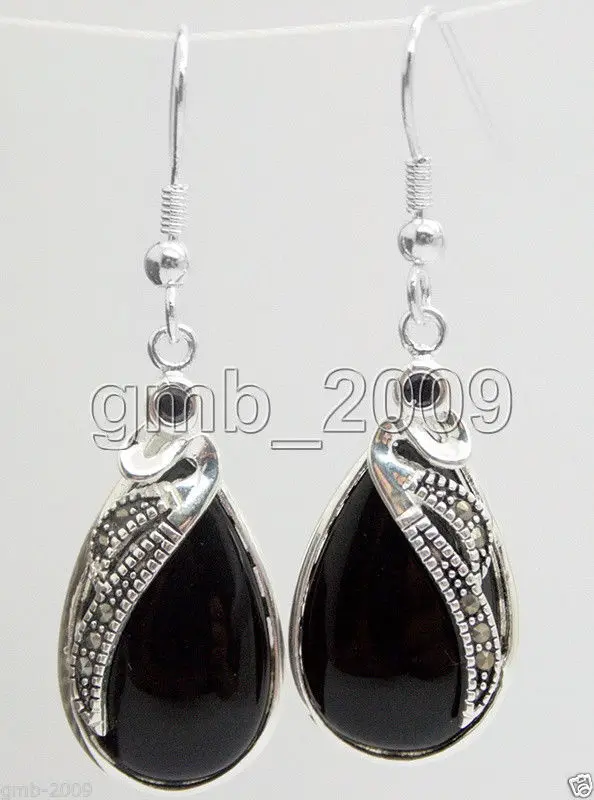 

Free shipping 925 Sterling Silver Natural Black stone Gems Marcasite Dangle Hook Drop Earrings