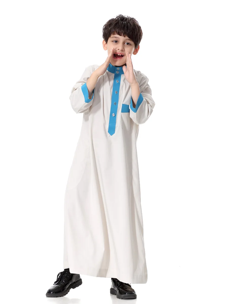 4-15Years детская Jubah мусульманский абайя, арабское халаты для мальчиков 4 цвета с длинным рукавом мусульманские кафтан халат Повседневное блузки рубашки Костюмы - Цвет: ivory