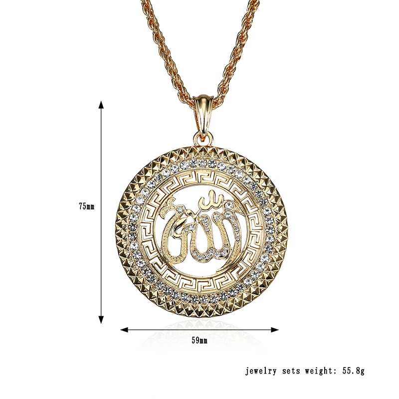 New Punk Geometric Round Waterdrop Heart Allah Necklaces Pendant For Women Men Crystal Long Necklace Arab Muslim Islam Jewelry