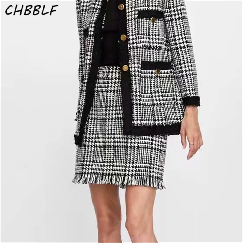 

CHBBLF women vintage plaid tweed mini skirt tassel hem side zipper faldas mujer female A line casual chic skirts BGB8403