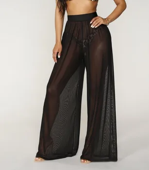 

2019 Summer Woman High Waist Trouser Beach Long Loose Perspective Wide Leg Pants