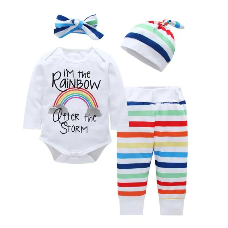 

4pcs/Set Baby Clothing Cute Rainbow Romper Newborn Baby Girl Floral Clothes Jumpsuit Romper +Black Rose Pants Headband Outfits
