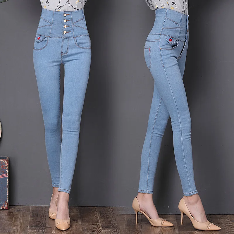 Ladies summer Europe and large size high waist embroidered jeans washed high elastic feet pencil trousers Ladies summer Europe and large size high waist embroidered jeans washed high elastic feet pencil trousers