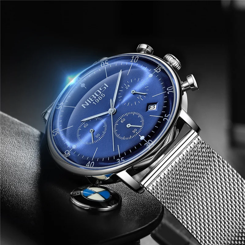 

NIBOSI Watches Thin Watch Men Luxury Blue Stainless Steel Watch Men Water Resistant Mens Watches Chronograph Relogio Masculino