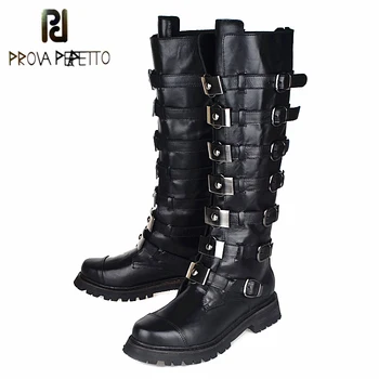 

Prova Perfetto Top Quality Genuine Leather Knee High Boots Women Fashion Rivet Studded Belt Buckle Boots Winter Martin Boots