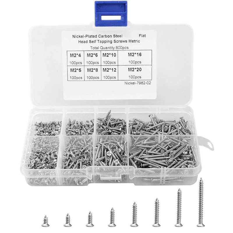 800pcs M2 Cross Drive Flat Head Self Tapping Screw Assortment Woodworking DIY Carbon steel