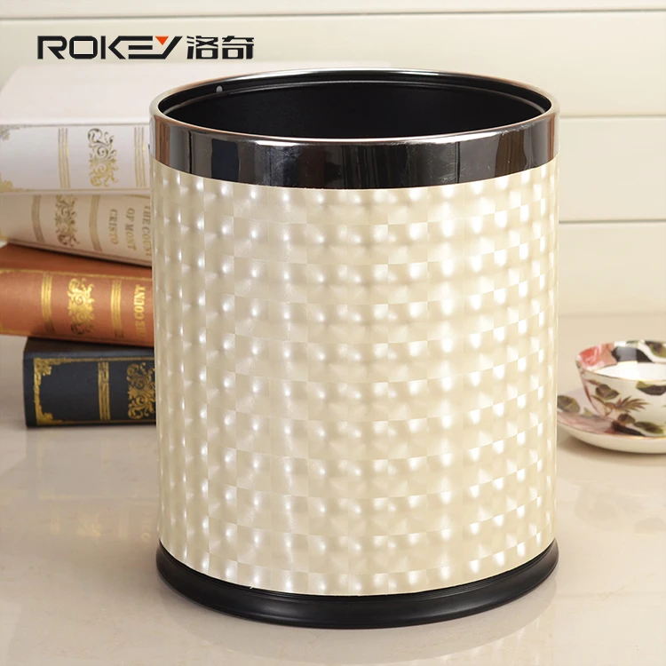 European Double Layer Leather Cover Trash Can Stainless Steel Metal
