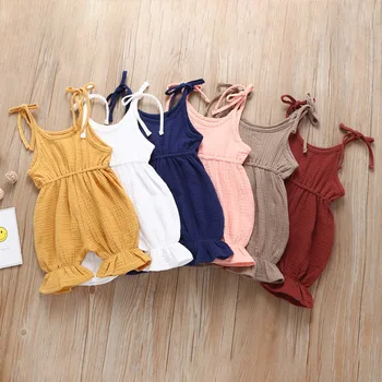 

Lovely Retro Baby Girl Romper Soft Cotton Summer Clothing Sleeveless Strap Toddler Jumpsuit Solid Flare Leg Overall Romper 0-4Y