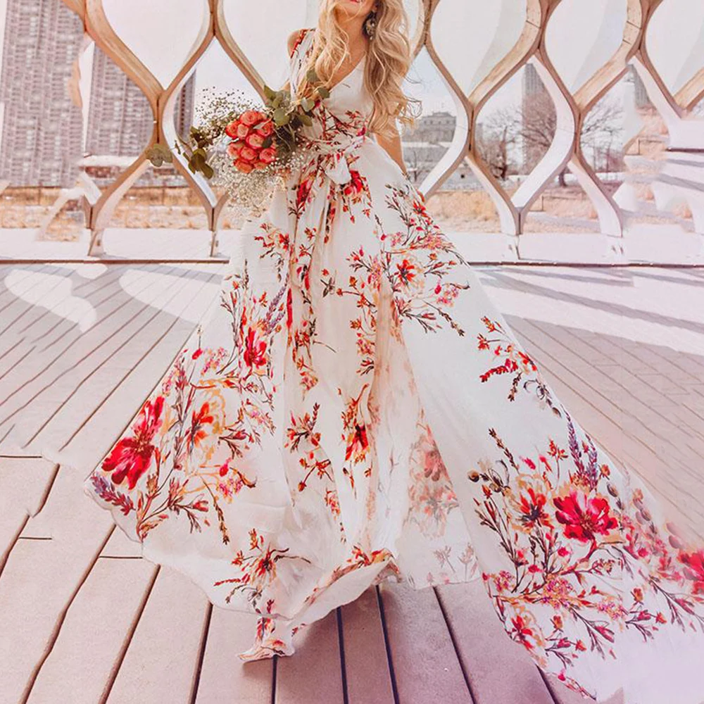 

Women Boho Long Dress Summer Casual Expansion Sleeveless Pullover Floral Print Split Girls Fashion flower dress evening lady