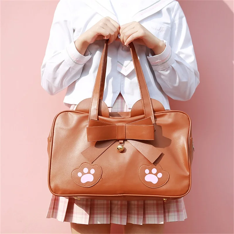 

Japanese Lolita Hight School Cat Ears Claw Bowknot JK Uniform PU Student School Bags Cosplay Girls Handbag Pink&Brown Colors