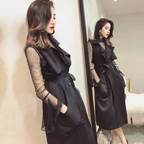 

2018 Special Offer Acetate Pockets Chalecos Mujer Autumn New Women Sleeveless Vest High Waist Strap Long Vests Waistcoat Dress
