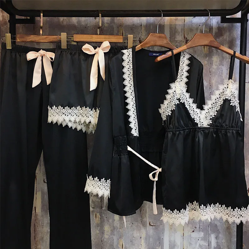 Новые атласные женские пижамные комплекты из 4 предметов женские пижамы Сексуальная кружевная женская пижама Элегантная Шелковая пижама домашняя одежда - Цвет: black(45-63kg)