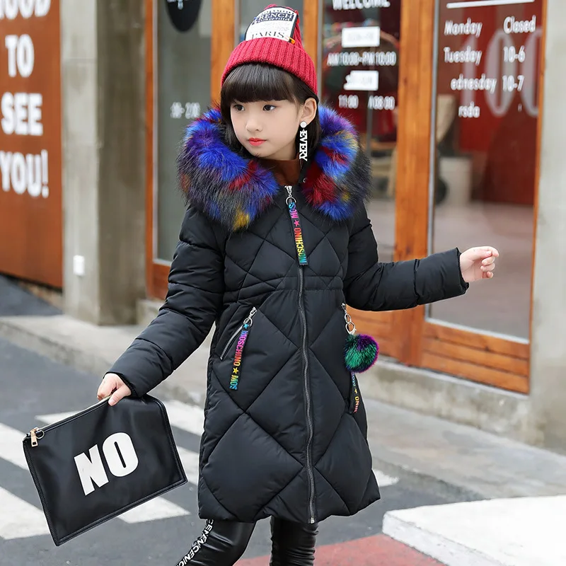 

Girl Winter Coat Down Jacket Winter Long Sleeved Color Fur Collar Ribbon Hand Plug of Cotton Long Jacket 2018New Kids Children