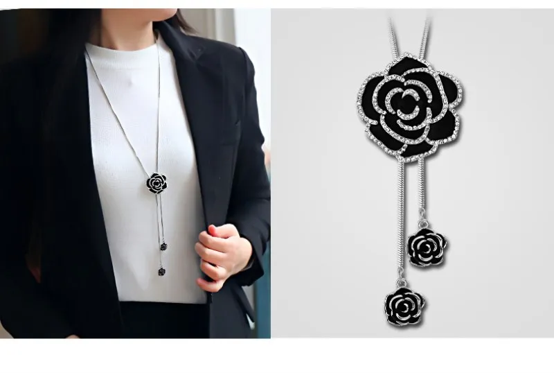 Новинка, модная цепочка для свитера с черной розой, Женский Кристалл от Swarovski, 2 цвета, осенне-зимнее ретро ожерелье с цветами