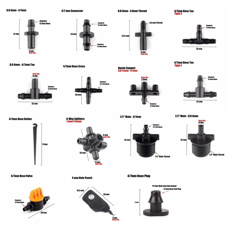 

30pcs 4/7mm Garden Hose Connectors Micro Drip Irrigation System Water Pipe Joints Tee Splitters Hose Plug Water Connectors