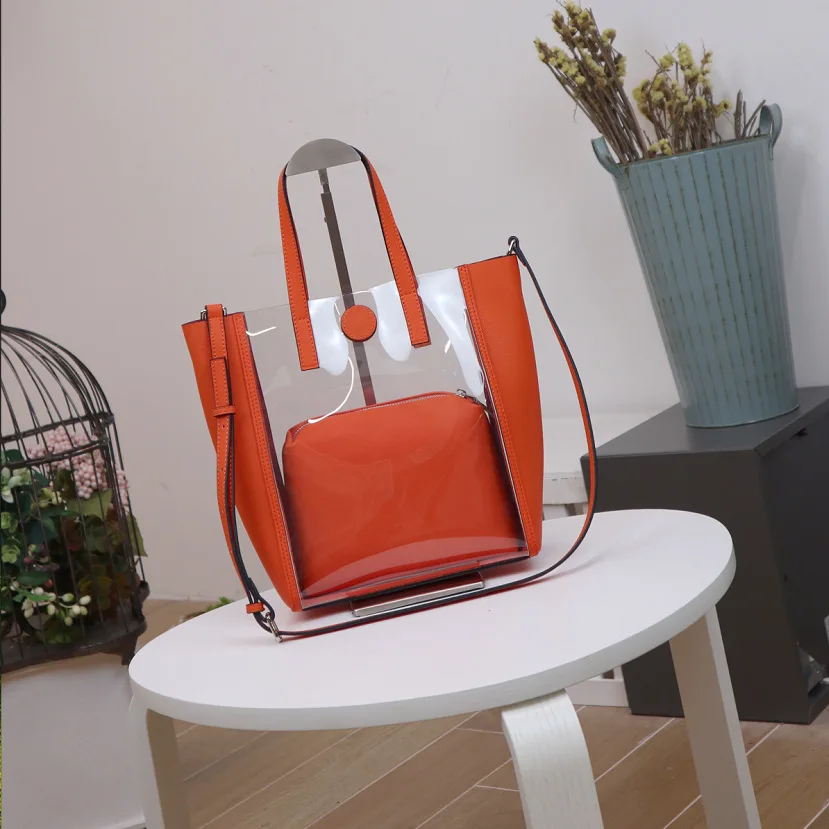 

TPU Handbag Transparent Women Hand Bags Chain Cow Leather Bag Lady Travel Beach Shoulder Cross Body Bag Holiday Summer Quality