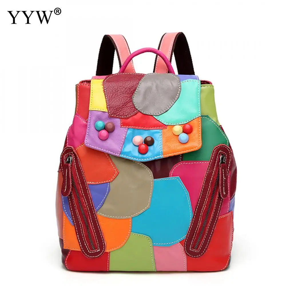 

YYW Leather Backpacks Fashion Style Multi-colored Patchwork Colorful Bags Women Waterproof Casual Travel Backpack School Bag