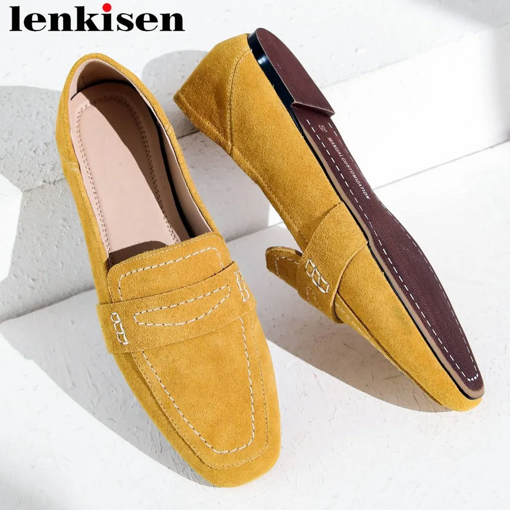 

Lenkisen comfortable slip on handmade cow suede ballet shoes pregnant women loafers square toe movie star elegant lady flat L1f1