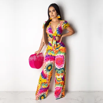 

2019 Women Floral Print V-Neck Jumpsuit Sexy Tie Up Hollow Out Playsuit Streetwear Wide Leg Overalls