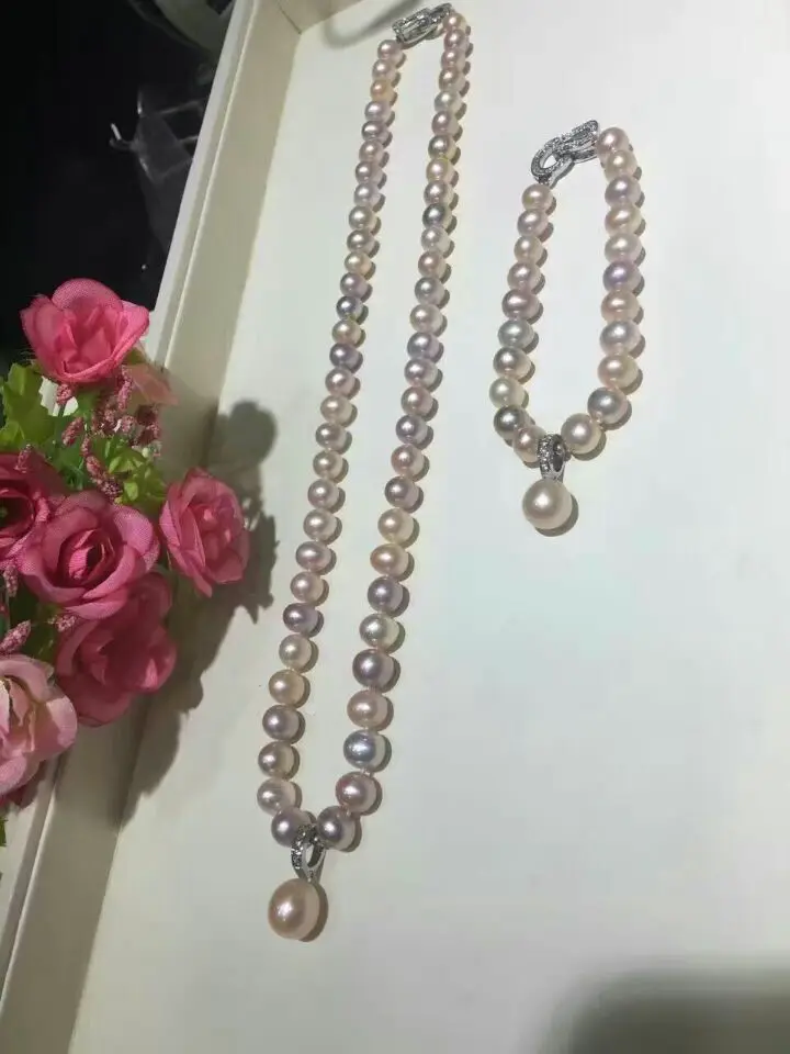 

free shipping >>>>>natural 8-9mm south seas multicolor pearl necklace bracelet