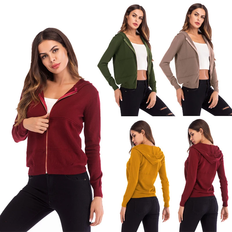 

Basic Autumn Green Solid Cardigan Ladies Casual Zipper Hooded Red Casaco Feminino Sweater Tops Knitted Cardigans Women Feminino