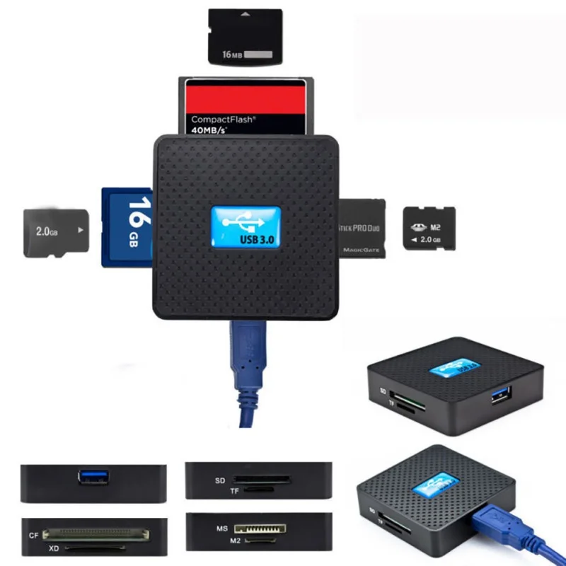 USB3.0 все в 1 SD TF CF XD M2 MS флэш-устройство чтения карт памяти для ноутбука Высокое Скорость с Светодиодный индикатор подсветки