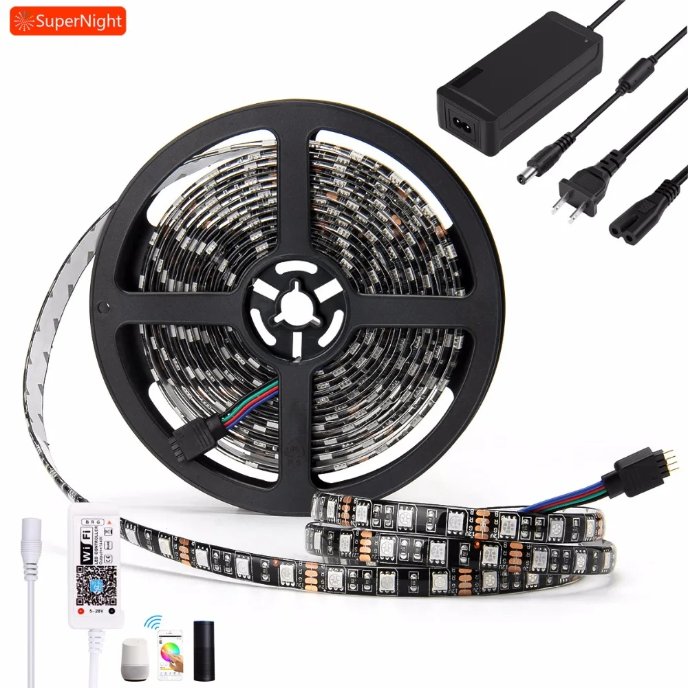 

SuperNight 5050 RGB LED Strip Light Kit 5M 60LEDs/m Waterproof IP65 Flexible Lamp Band with Smart Wifi Controller Power Adapter