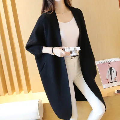 Long Sweater Coat Women's Autumn Fashion Bat Cardigan Knitted Jacket Casual Korean style Loose chaqueta de punto Cape Shirt f973 - Цвет: black