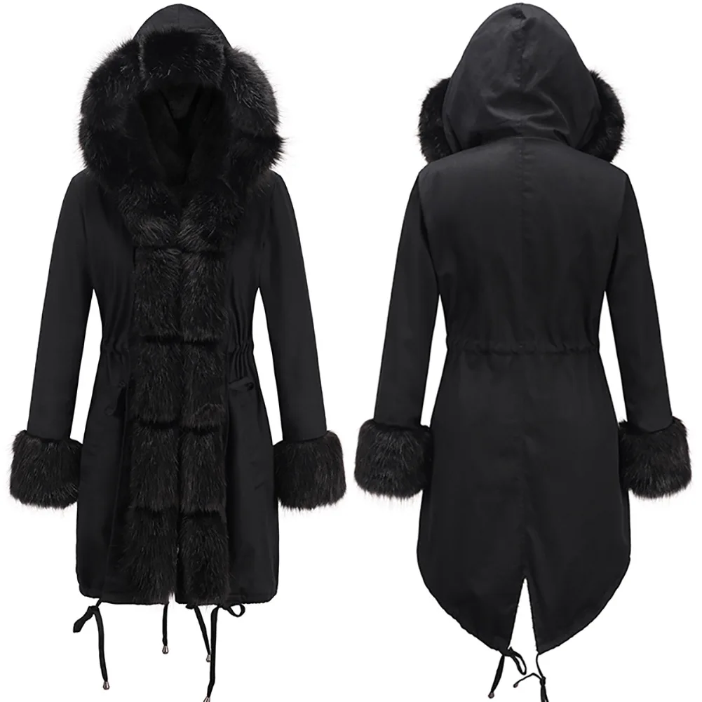 U-SWEAR Winter Women Fake Fur Parka Warm Natural Large black Fur Collar with Luxury Rex Rabbit Fur Liner Army Green Coats - Цвет: black