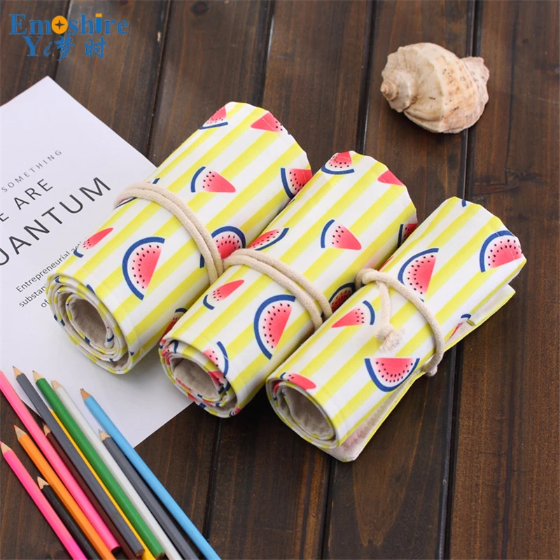 Emoshire Korean version of the fruit watermelon pen curtain roll pencil bag 364872 hole large capacity student canvas painting art pencil bag (1)