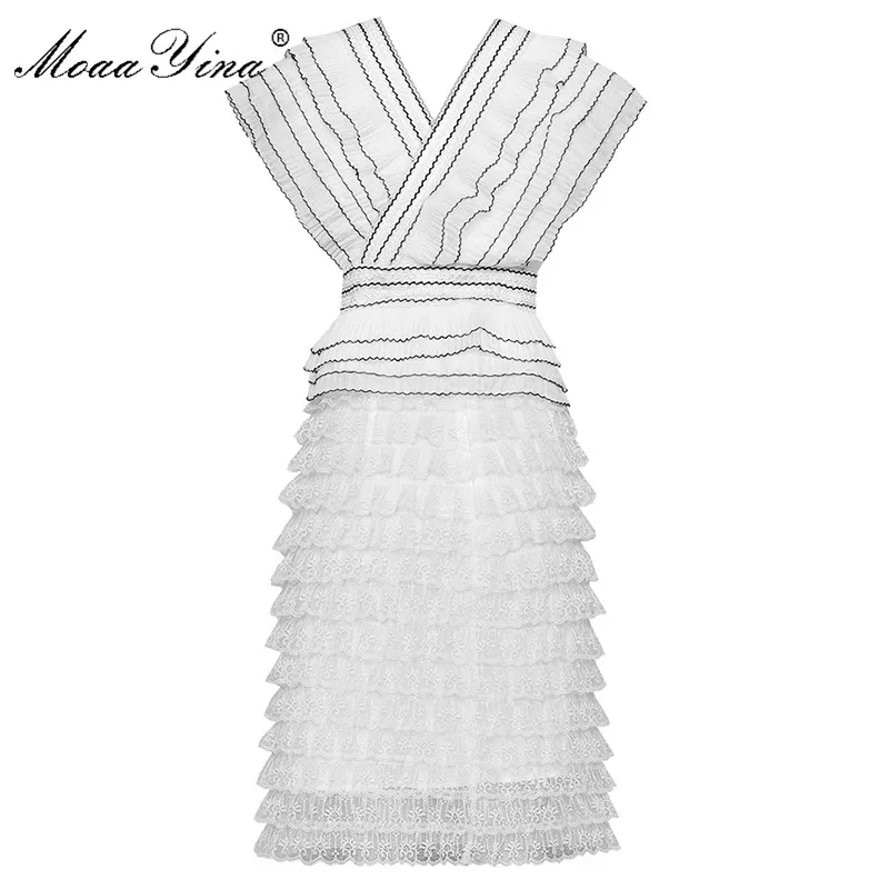 

MoaaYina Fashion Designer Set Spring Summer Women V-neck Cascading Ruffle Tops+Mesh Package buttocks Skirt Two-piece suit