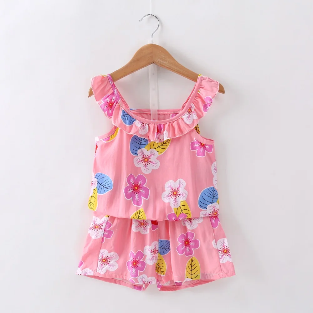 

New Baby Girl Clothes Casual Bebe Girls Clothing Set Girls Summer Suit Fly Sleeve Floral Printed Sets Vest+Shorts 2 Pics Suits