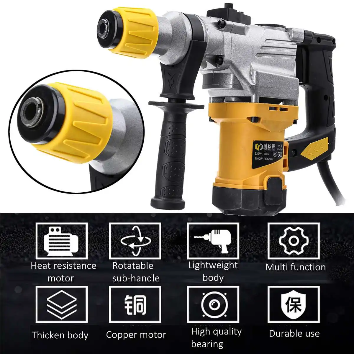 

Impact Power Drill 1100W 220V Electric Demolition Hammer Drill Concrete Breaker Carry Case DIY Power Tools 800r/min 3 Functions