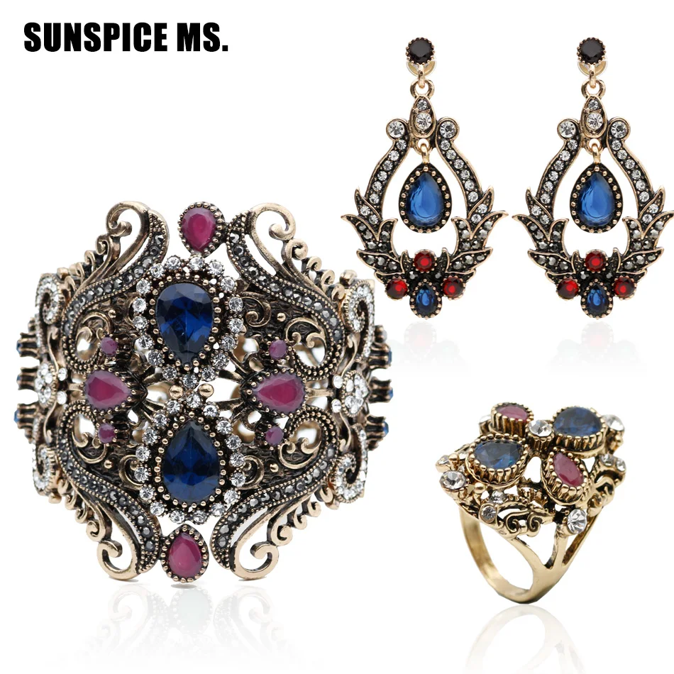 

3pcs Jewelry Sets Hot Bangle Earring Ring Bohemian Vintage Resin Jewelry Antique Gold Color Indian Women Wedding Flower Bijoux