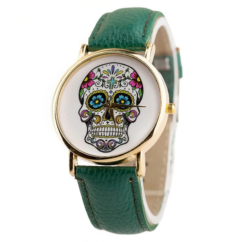 

Women Men Punk Skull Analog Watch Leather Band Quartz Wrist Watch Dark Green