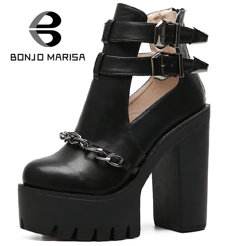 

BONJOMARISA Metal Women Pumps Fashion t-strap Chunky High Heels Round Toe Platform Party Wedding Shoes For Woman 2017