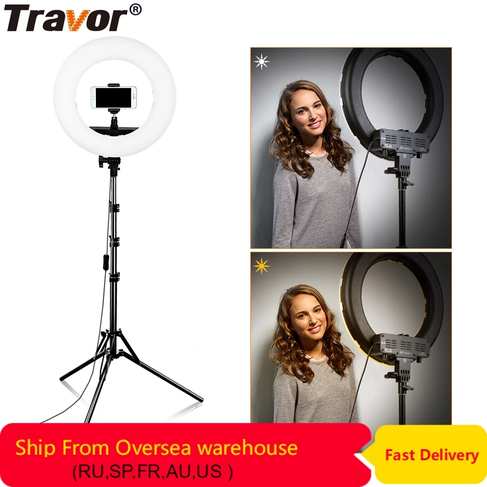 

Travor 14 inch LED Ring Light Bi Color LED Dimmable Makeup Ring Lamp 3200K-5500K Annular Lamp With Stand Tripod For Video Live