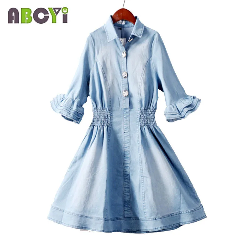 

2017 New Summer Denim Dress Women Fashion Lapel Collar Half Flare Sleeve Elastic Waist Elegant Slim Mini Blue Jeans Casual Dress