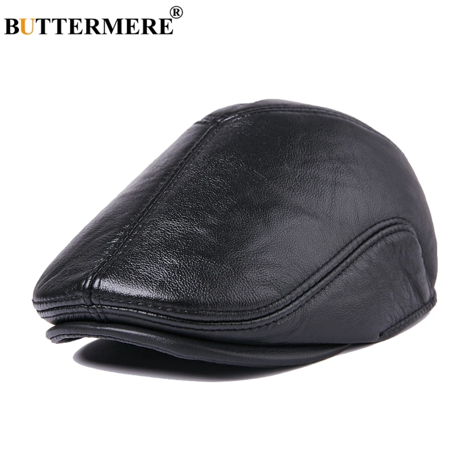 BUTTERMERE Mens Real Leather Beret Hat With Earflaps Vintage Black