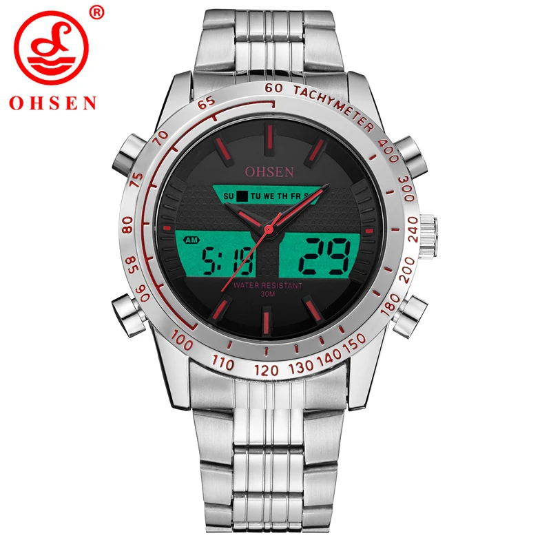 

OHSEN Men Waterproof Silver Stainless Steel Watches Man's Quartz LED Digital Male Sport Wristwatch Date Relogio Masculino AD1701