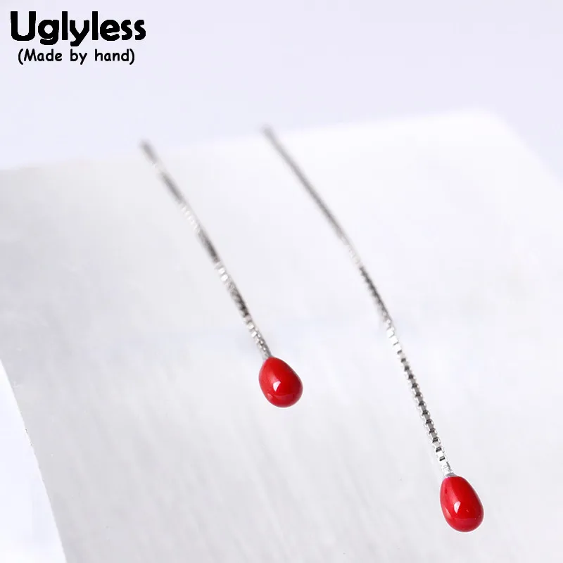 

Uglyless Real S 925 Sterling Silver Box Chains Ear Lines Red Beads Earrings Women Mini Fine Jewelry Elegant Dress Brincos Bijoux