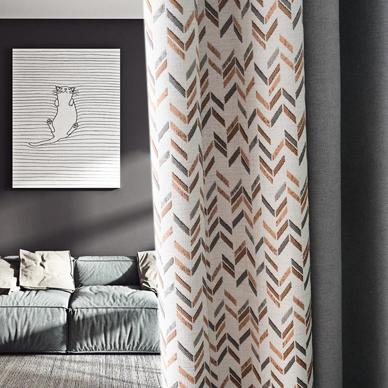 

Custom curtains Nordic high quality splice cotton gary geometry yarn dyed Jacquard bedroom window cloth blackout curtain M655