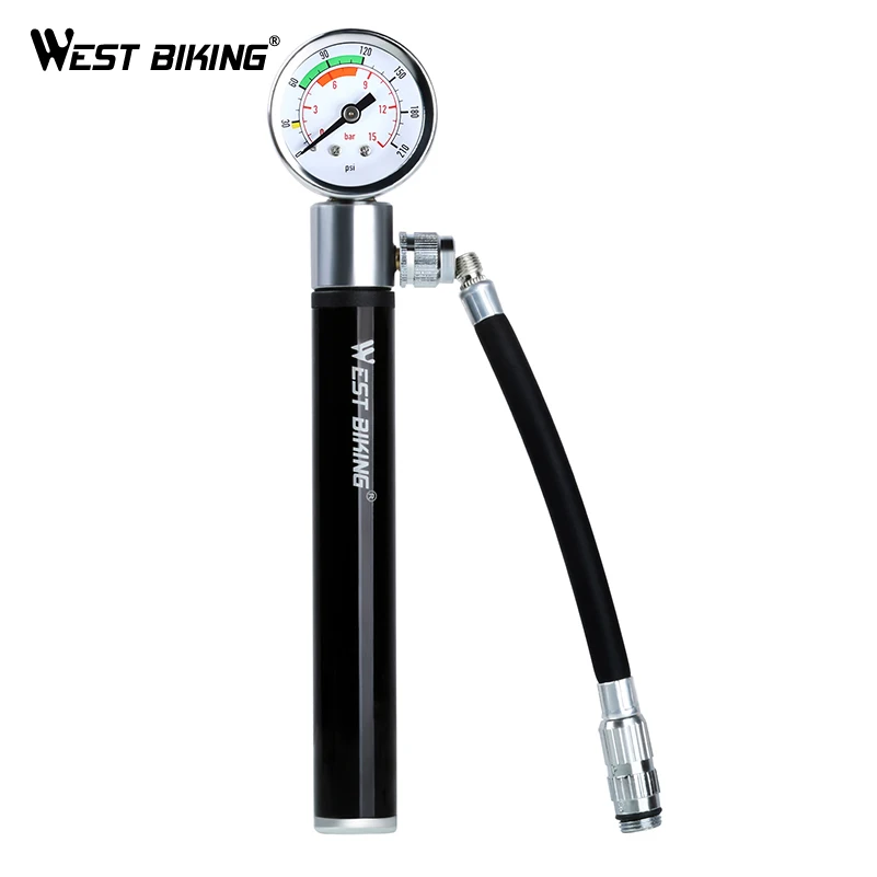 WEST BIKING Bike Mini Pump With Pressure Gauge Hose Ultralight MTB Portable Bicycle Inflator