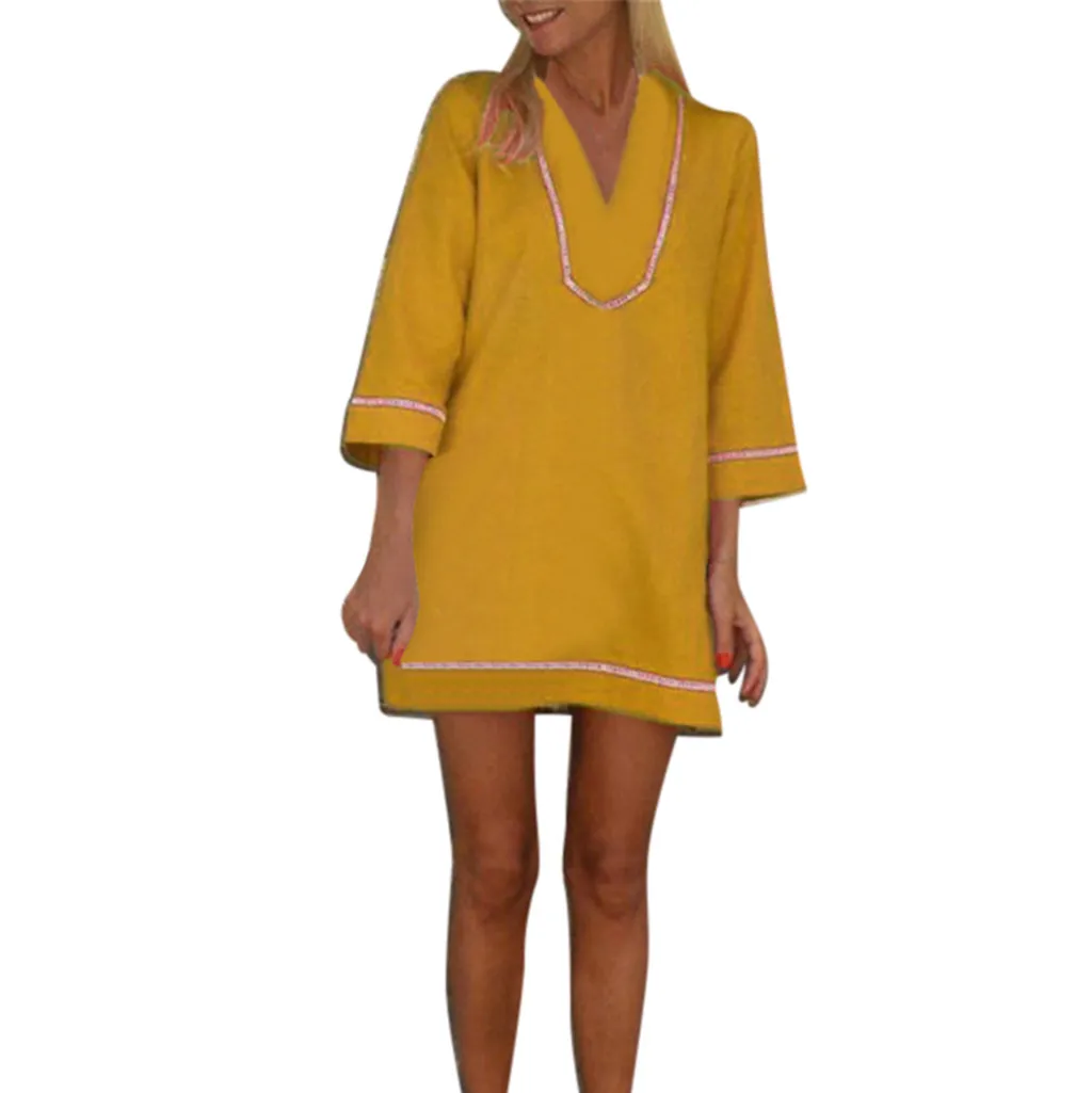 

Dropshipping buttons casual vestidos Women's Summer Fashion Bohemian Solid Sleeve Casual Dress Vadim women sexy neck snake