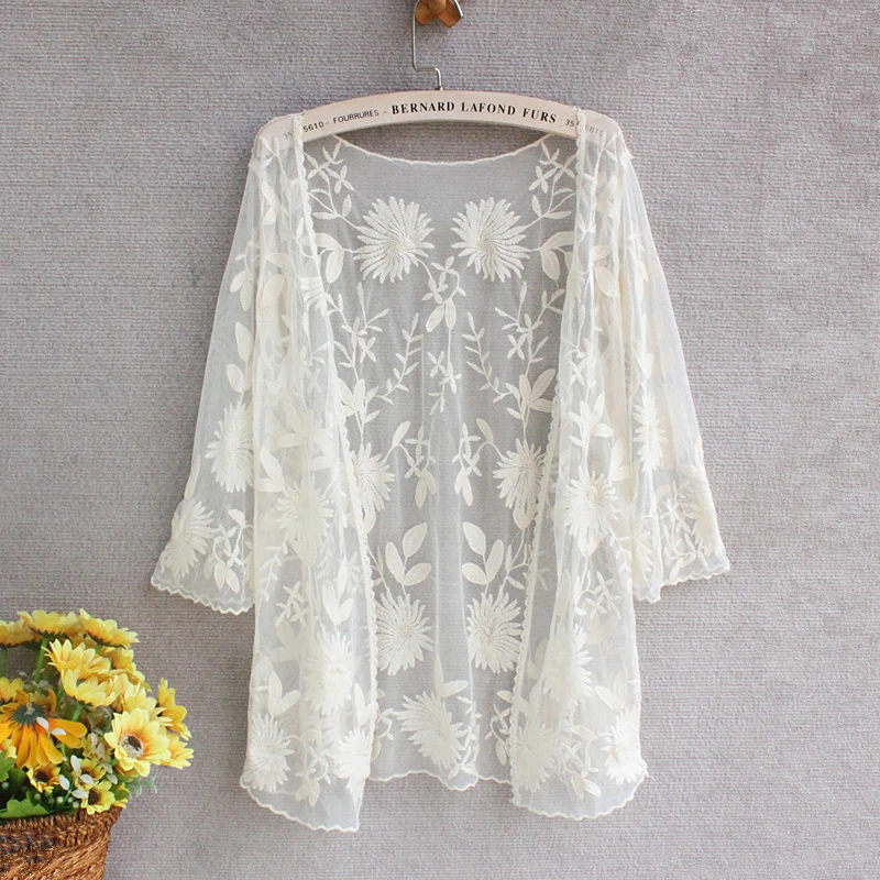 レースカーディガン編み花刺繍ブラウス着物カーディガン白シャツレディーストップスやブラウス 18 ヒッピー自由奔放に生きるトップスメッシュ Womens Tops And Blouses White Shirt Womenembroidery Blouse Aliexpress